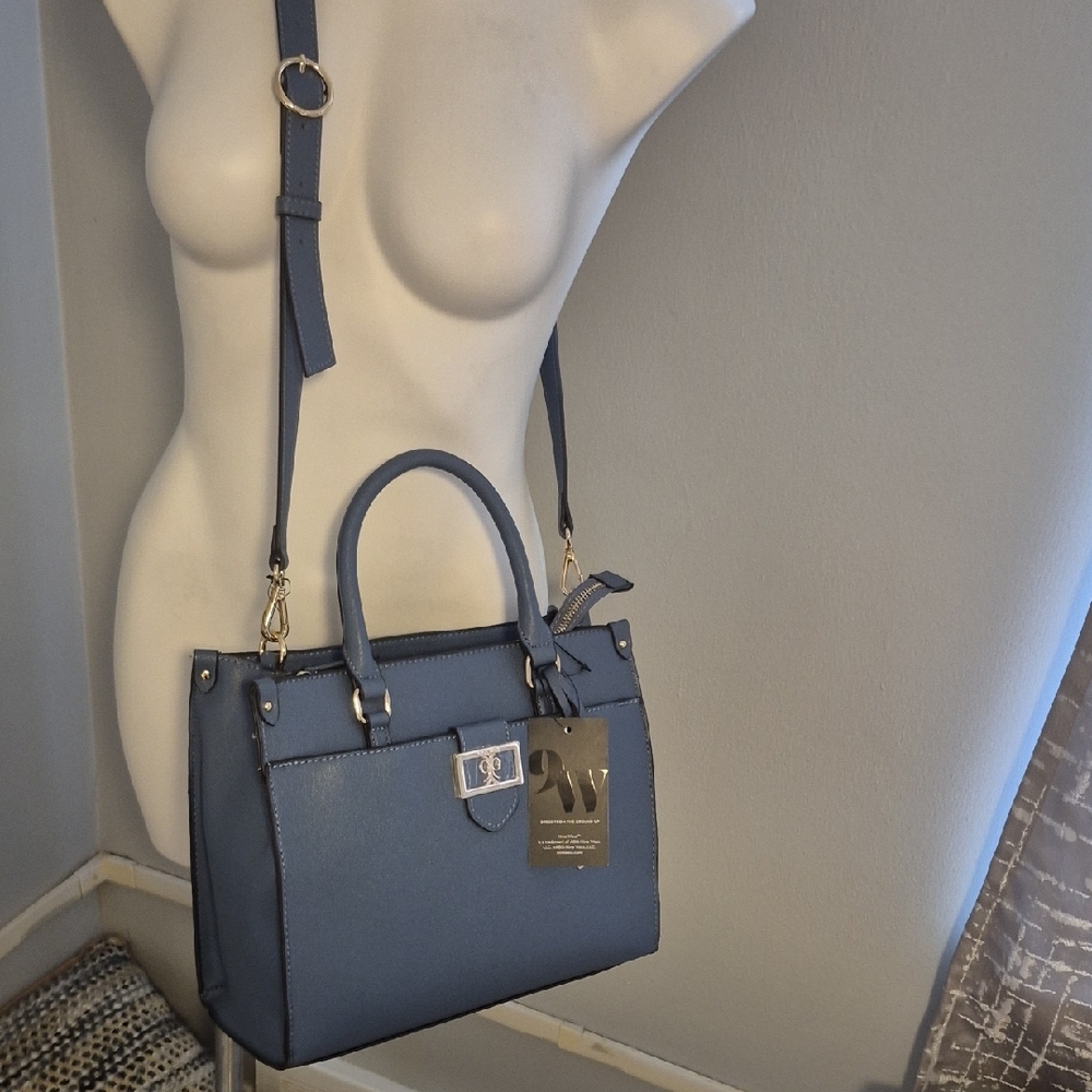 Nine West Dusty Blue Structured Satchel with Gold Accents - Picture 5 of 5
